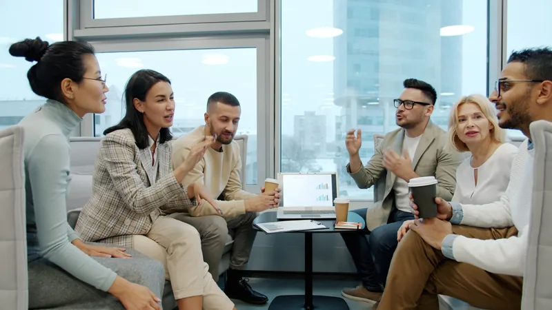 Diverse group of people in a modern office meeting